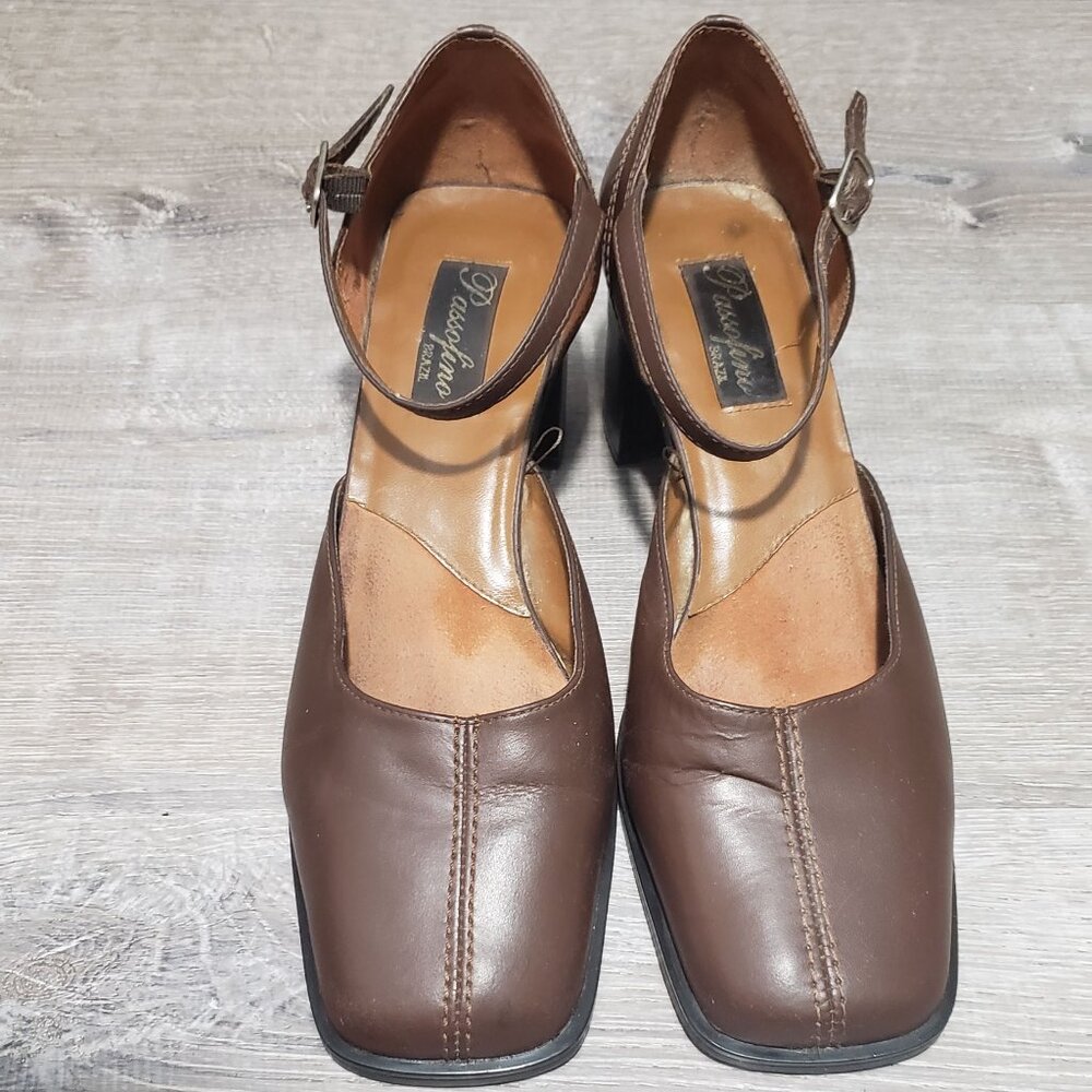 VTG Passofino Brazil Brown Leather Mary Jane Block Heels-Size 9